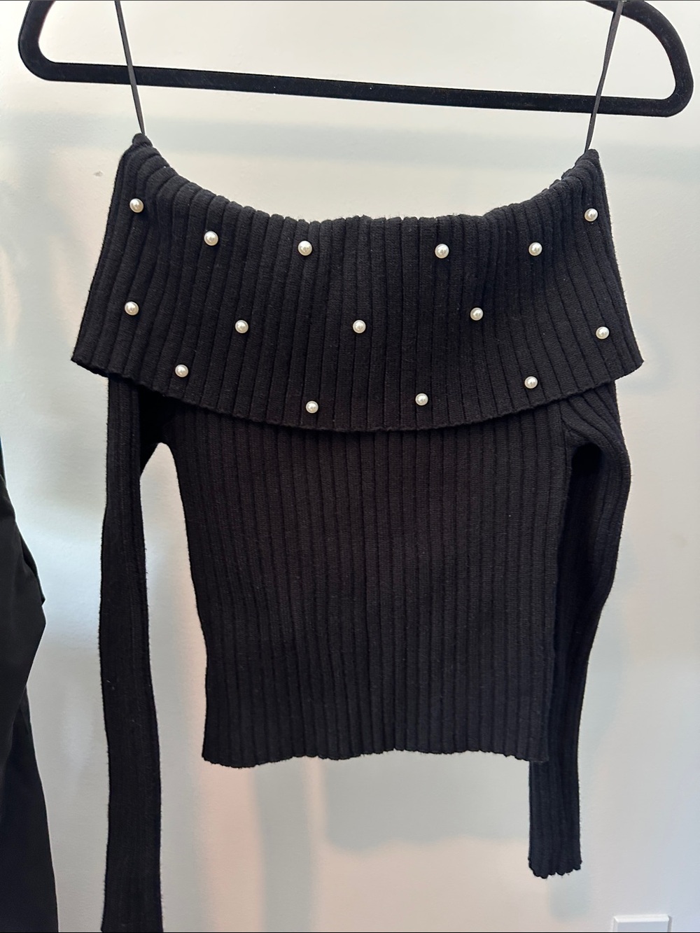 Sweet Rain Black Off-Shoulder Ribbed Sweater with Pearl Accents